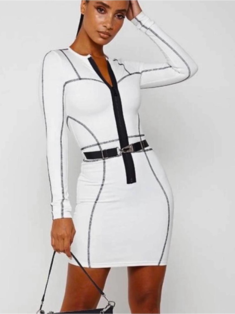 Maniere De Voir White Long-Sleeve Mini Dress with Black Trim